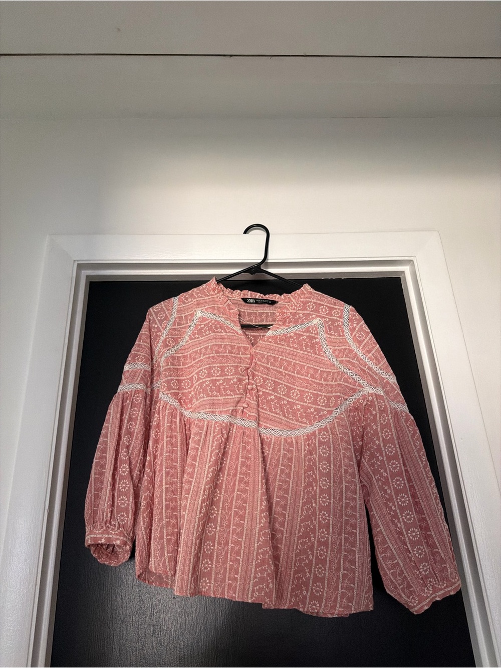 Zara Pink Printed Peasant Blouse with White Trim
